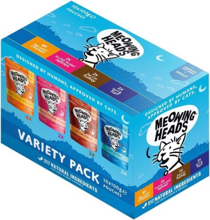 Meowing Heads Wet Cat Food Variety Pack 10x100g – Grain-Free Natural Cat Food with Turkey, Chicken, Beef & Fish