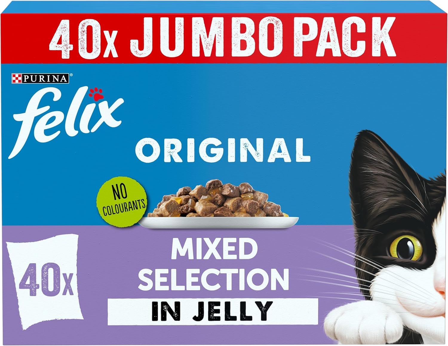 812KanVYFxL._AC_SL1500_ Felix Original Mixed Selection in Jelly Wet Cat Food 40x85g – White Fish, Salmon, Chicken & Lamb Flavours, Complete & Balanced Nutrition for Adult Cats