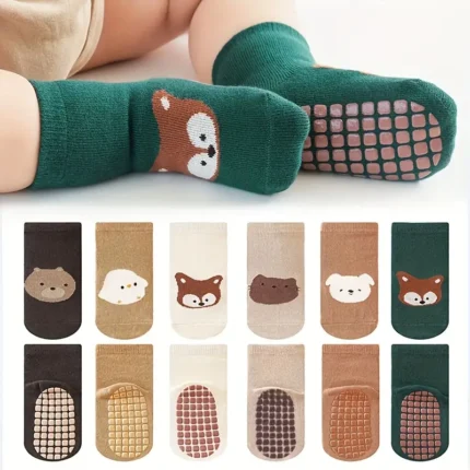 6 pairs kids non-slip cartoon socks with fox and bear animal designs