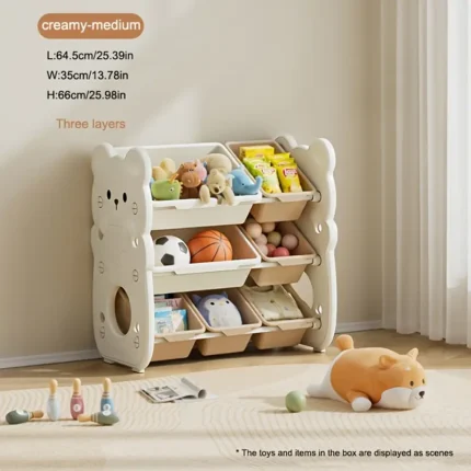 Multi-bin organiser storing toys, books, and clothes
