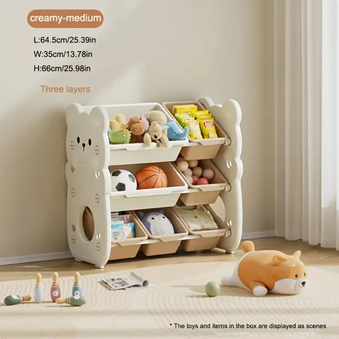 Multi-bin organiser storing toys, books, and clothes