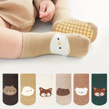 6 pairs boys’ non-slip cartoon socks with cute animal designs