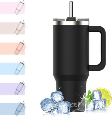 WATERSY 40oz Stainless Steel Travel Mug with Straw Lid and Handle – Black