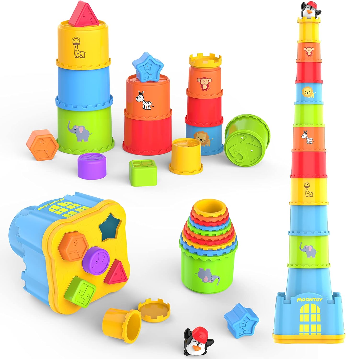 71C8QjH7Q7L._AC_SL1500_ MOONTOY 19PCS Stacking Cups & Shape Sorter Toy – colourful educational learning set for toddlers aged 1–3 years, helps develop motor skills, shape and colour recognition, and creativity