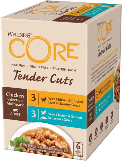 Wellness CORE Tender Cuts Chicken Selection Mix Wet Cat Food – 6×85g Grain-Free High-Protein Pouches with Real Chicken and Turkey in Sauce