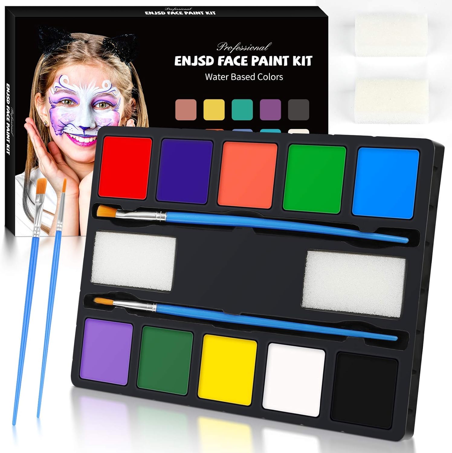 71mL0fOacSL._AC_SL1500_ ENJSD Face Paint Kit – 14 PCS Washable Non-Toxic Face Paint for Kids and Adults, 10 Vivid Colors with Brushes and Sponges for Halloween and Cosplay