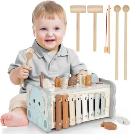 Montessori Wooden Hammering Toy with Xylophone and Magnetic Fishing Game for Toddlers