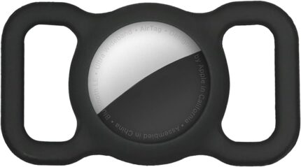 Black silicone AirTag dog collar holder with Apple AirTag inserted, attached to dog collar – waterproof anti-lost pet loop