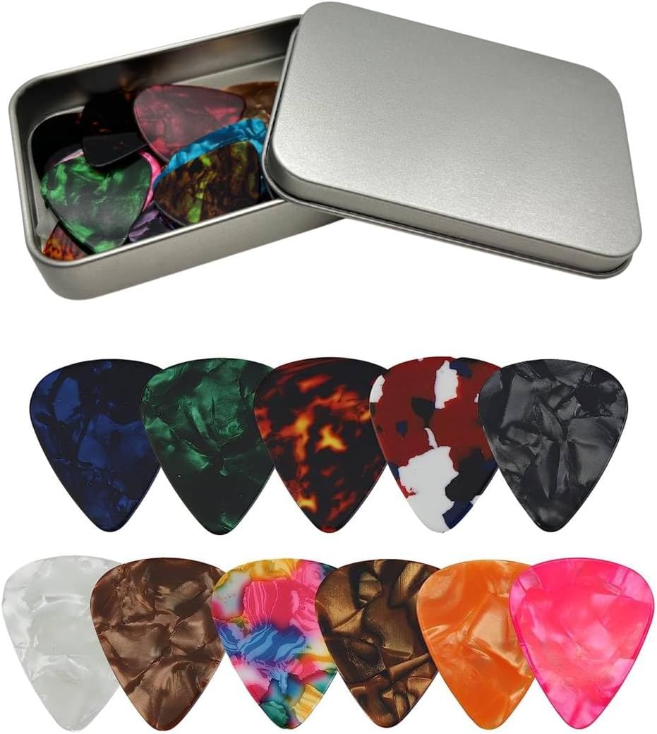 61NHFqMT3kL._AC_SL1280_ 24-piece guitar pick set with thin, medium, and heavy plectrums for electric, acoustic, and bass guitars