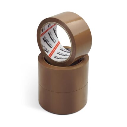 Merrimen Heavy Duty Brown Packaging Tape – 3 Rolls (48mm x 66m), strong adhesive sealing tape for parcel boxes, moving boxes, and postal bags.