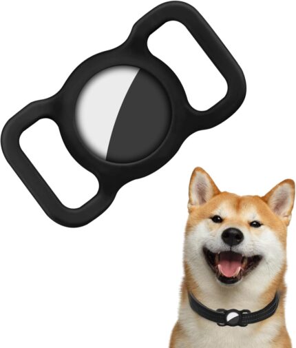 Black silicone AirTag dog collar holder attached to a dog collar with Apple AirTag inserted, waterproof anti-lost pet loop