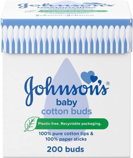 Johnson’s Baby Cotton Buds 200 Pack – Soft & Gentle Pure Cotton Ear Buds with Paper Sticks, Plastic-Free and Safe for Delicate Skin