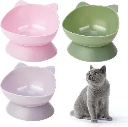 Umorismo 3-Pack Raised Cat Bowls – 15° Tilted Elevated Cat Feeding Bowls, Non-Slip Plastic Feeder for Kittens and Adult Cats, Suitable for Food and Water