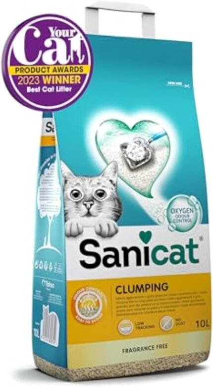 Sanicat Clumping Unscented Cat Litter 10L bag – natural mineral formula with odour control and dust-free texture for easy cleaning.