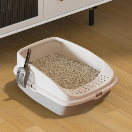 Grey Plastic Cat Litter Tray Box with Detachable Rim and Free Scoop – Open Top Easy Clean Litter Box for Kittens and Cats (49 x 38 x 23 cm)