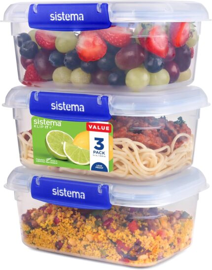 Sistema KLIP IT PLUS 1L Leakproof Food Storage Containers – Set of 3 airtight, BPA-free, stackable lunch boxes with lids for meal prep and leftovers.