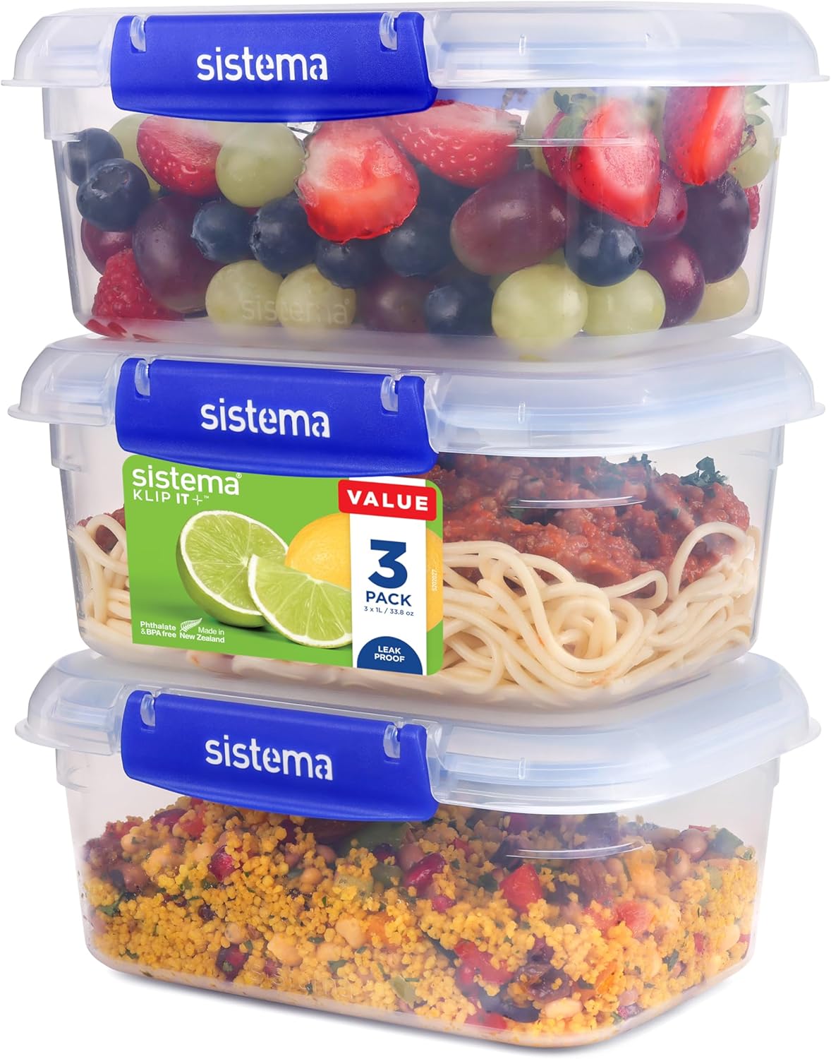 814Y35cd53L._AC_SL1500_ Sistema KLIP IT PLUS 1L Leakproof Food Storage Containers – Set of 3 airtight, BPA-free, stackable lunch boxes with lids for meal prep and leftovers.