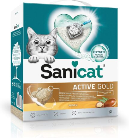 Sanicat Active Gold Argan Scented Clumping Cat Litter 6L bag with natural mineral formula and strong odour control