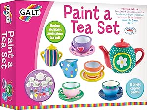 Galt Paint a Tea Set – 11-piece kids ceramic tea party craft kit with 12 rainbow paints and brush for creative arts and crafts, ideal for children aged 5 and above.