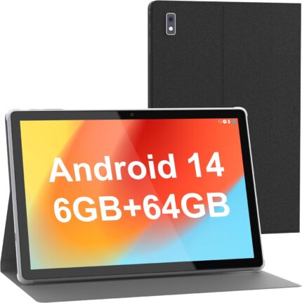 Android 14 10.1-inch tablet in grey with protective case, IPS HD display, dual cameras, and 64GB storage