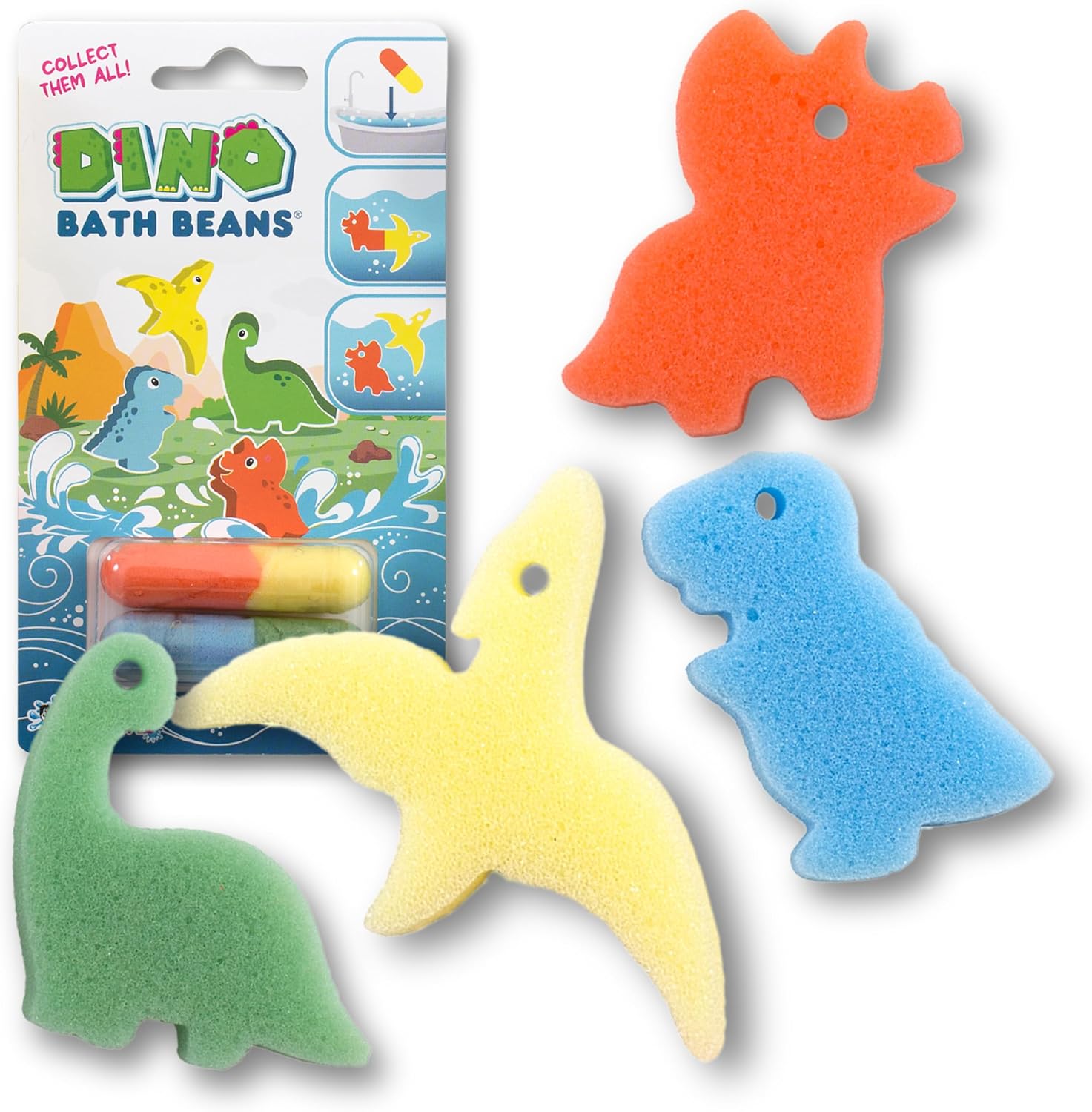81S6lZx2sqL._AC_SL1500_ The Bean People Kids Bath Bomb fizzing in water with a surprise dinosaur toy, magic grow capsules, and a soft bath sponge — fun and educational bath gift for children aged 3 and up
