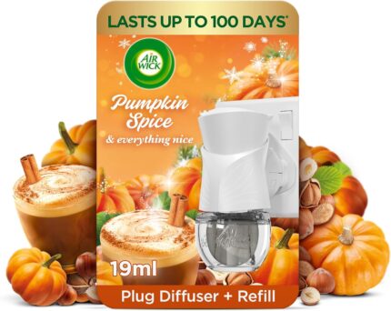 Air Wick Pumpkin Spice Plug-in Diffuser Kit with 1 device and 1 refill (19ml) – long lasting autumn fragrance air freshener for home