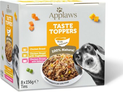 Applaws 100% Natural Chicken Wet Dog Food Topper in Broth, 156g Tin Pack of 8